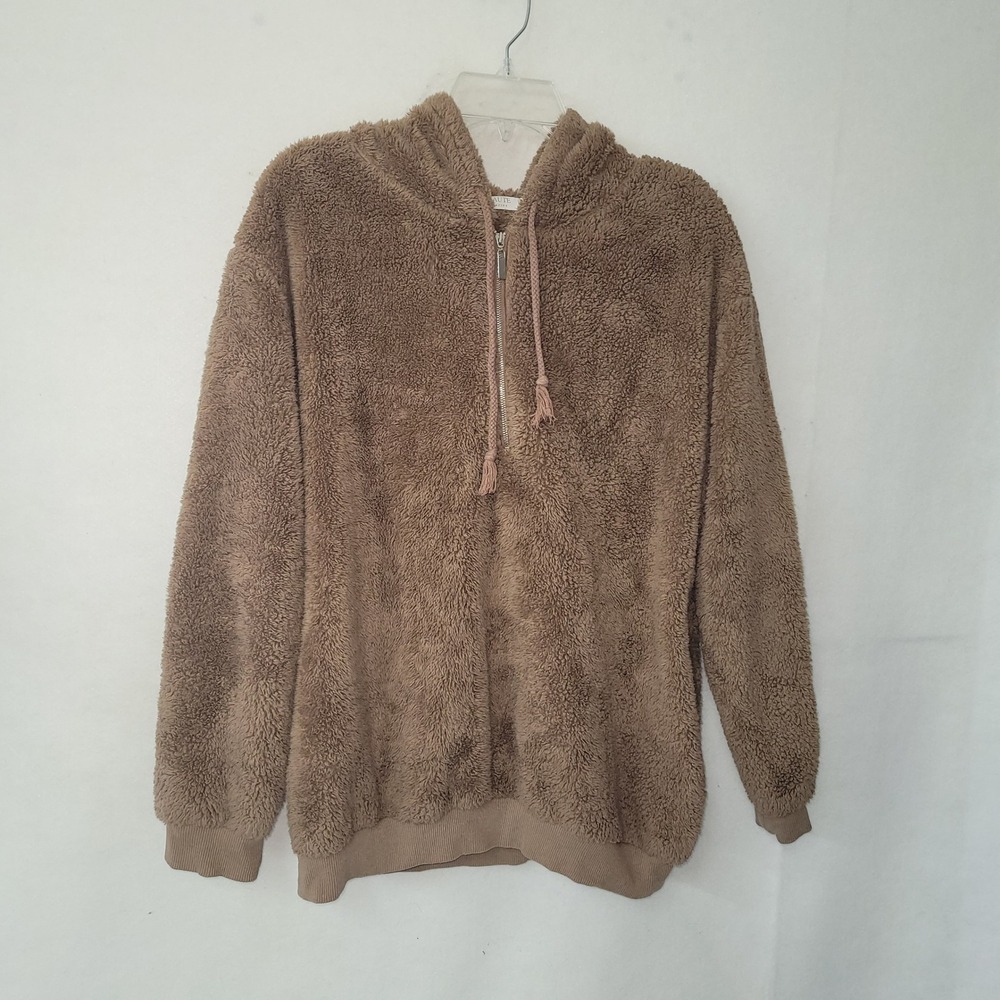 Haute Edition Womens Hoodie Sweatshirt Brown Fuzzy Half Zip Size Medium‎ Sherpa